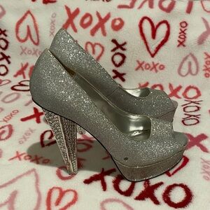 bebe Silver Glitter Platform Heels